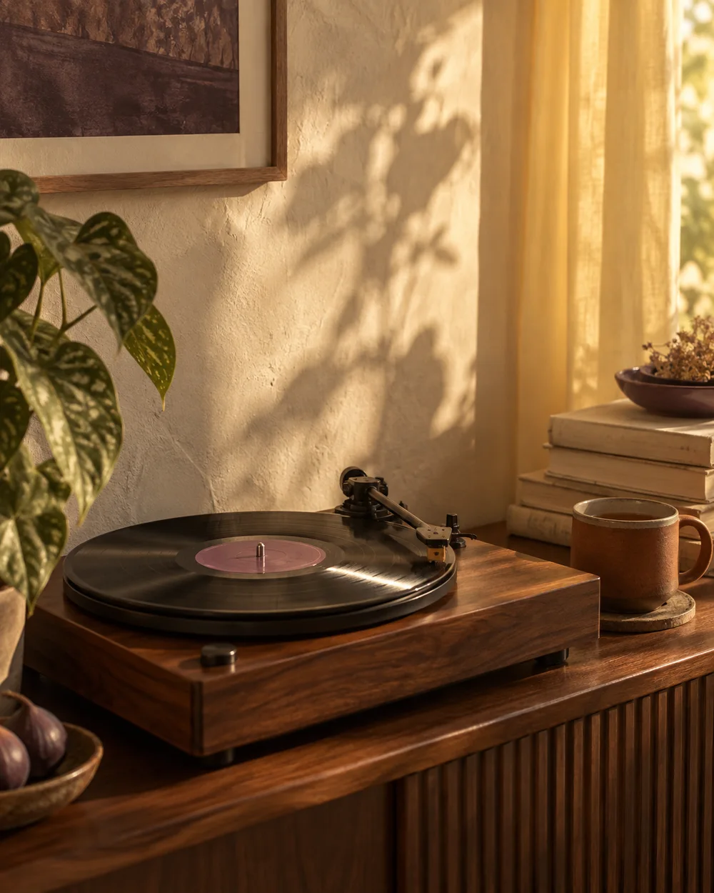 A sunlit listening corner with a walnut record player, a cup of tea, and favorite books